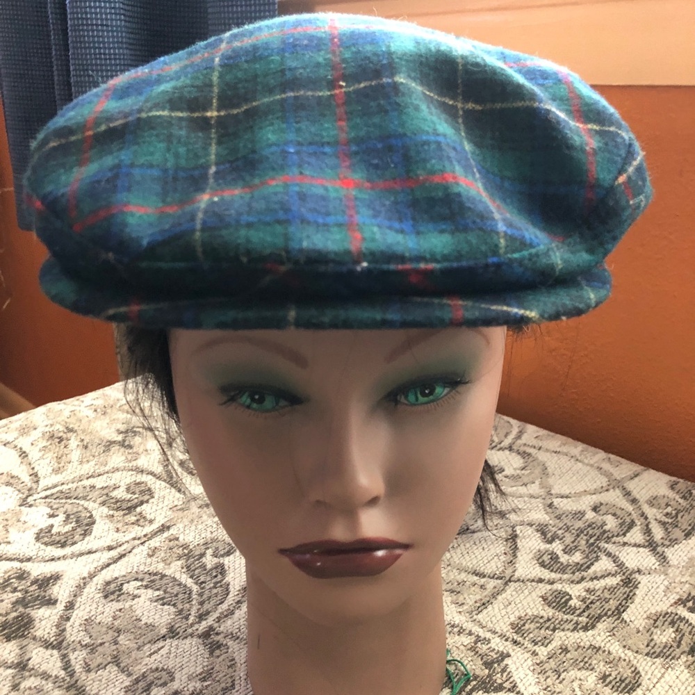 Pendleton Wool Blue Green Plaid Newsboy Cabbie Cap M